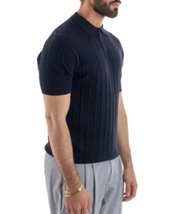 Polo uomo filo maglia trecce colletto con bottoni t-shirt sottogiacca blu GIOSAL-TS3270A