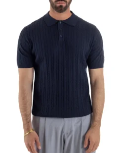 Polo uomo filo maglia trecce colletto con bottoni t-shirt sottogiacca blu GIOSAL-TS3270A