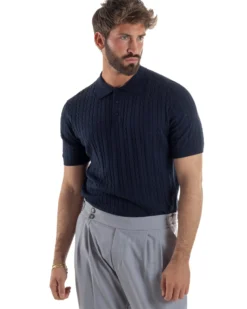 Polo uomo filo maglia trecce colletto con bottoni t-shirt sottogiacca blu GIOSAL-TS3270A