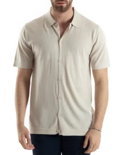 Polo Uomo In Filo Cardigan Bottoni T-Shirt Con Colletto Sottogiacca Beige TS3019A