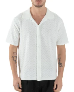 Polo Uomo In Filo Cardigan Con Bottoni T-Shirt Cropped Con Colletto Maglia Boxy Fit Traforata Lavorata Casual Bianco GIOSAL-TS3110A