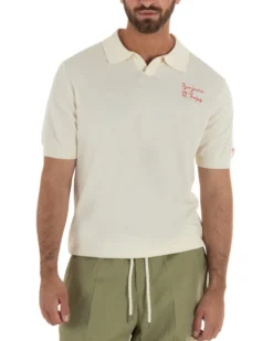 Polo uomo maglia filo leggera con ricami e colletto aperto panna SUPERCULTURE-AK6011
