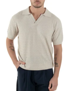 Polo Uomo Scollo V Maglia Lavorata T-Shirt Con Colletto Maniche Corte Tinta Unita Casual Beige GIOSAL-TS3114A