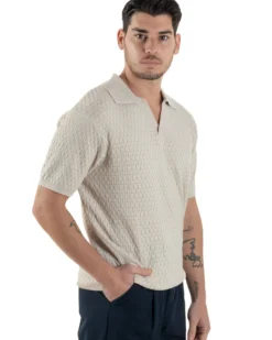 Polo Uomo Scollo V Maglia Lavorata T-Shirt Con Colletto Maniche Corte Tinta Unita Casual Beige GIOSAL-TS3114A