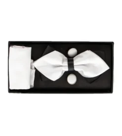Set Papillon Gemelli Pochette Uomo Unisex Doppio Fiocco Bianco Nero Elegante Elegante Cerimonia GIOSAL-CP1080A