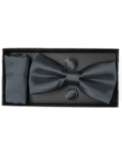 Set Pochette Papillon Gemelli Uomo Unisex Elegante Classico Cerimonia Tinta Unita Grigio Scuro GIOSAL-CP1128A