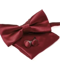 Set Pochette Papillon Gemelli Uomo Unisex Elegante Classico Cerimonia Tinta Unita Bordeaux GIOSAL-CP1126A