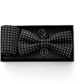 Set Pochette Papillon Gemelli Uomo Unisex Nero Elegante Classico Fantasia Pois Cerimonia GIOSAL-CP1054A
