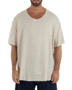 T-shirt casacca uomo lino girocollo over fit sfrangiata beige GIOSAL-TS3283A