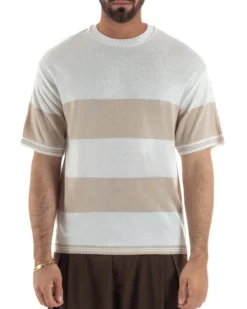 T-Shirt filo uomo girocollo rigata bicolore beige bianco BlackSunday-TS3255A