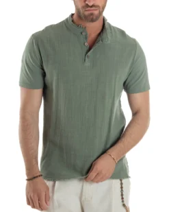 T-shirt Serafino Taglio Vivo Collo Coreano Sfrangiato Verde GIOSAL-TS3141A