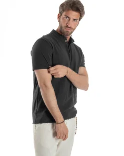 T-shirt Serafino Taglio Vivo Collo Coreano Sfrangiato Nero GIOSAL-TS3143A