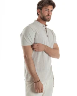 T-shirt Serafino Taglio Vivo Collo Coreano Sfrangiato Beige GIOSAL-TS3139A