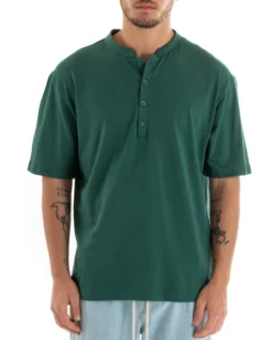 T-shirt Uomo Collo Bottoni Tinta Unita Verde Manica Corta Bianca Casual GIOSAL-TS2886A