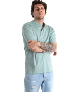 T-shirt Uomo Collo Bottoni Tinta Unita Verde Acqua Manica Corta Basic Casual GIOSAL-TS2695A