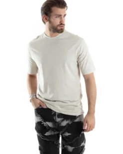 T-Shirt Uomo Con Stampa Maglia Maniche Corte Girocollo Cotone Beige GIOSAL-TS3031A