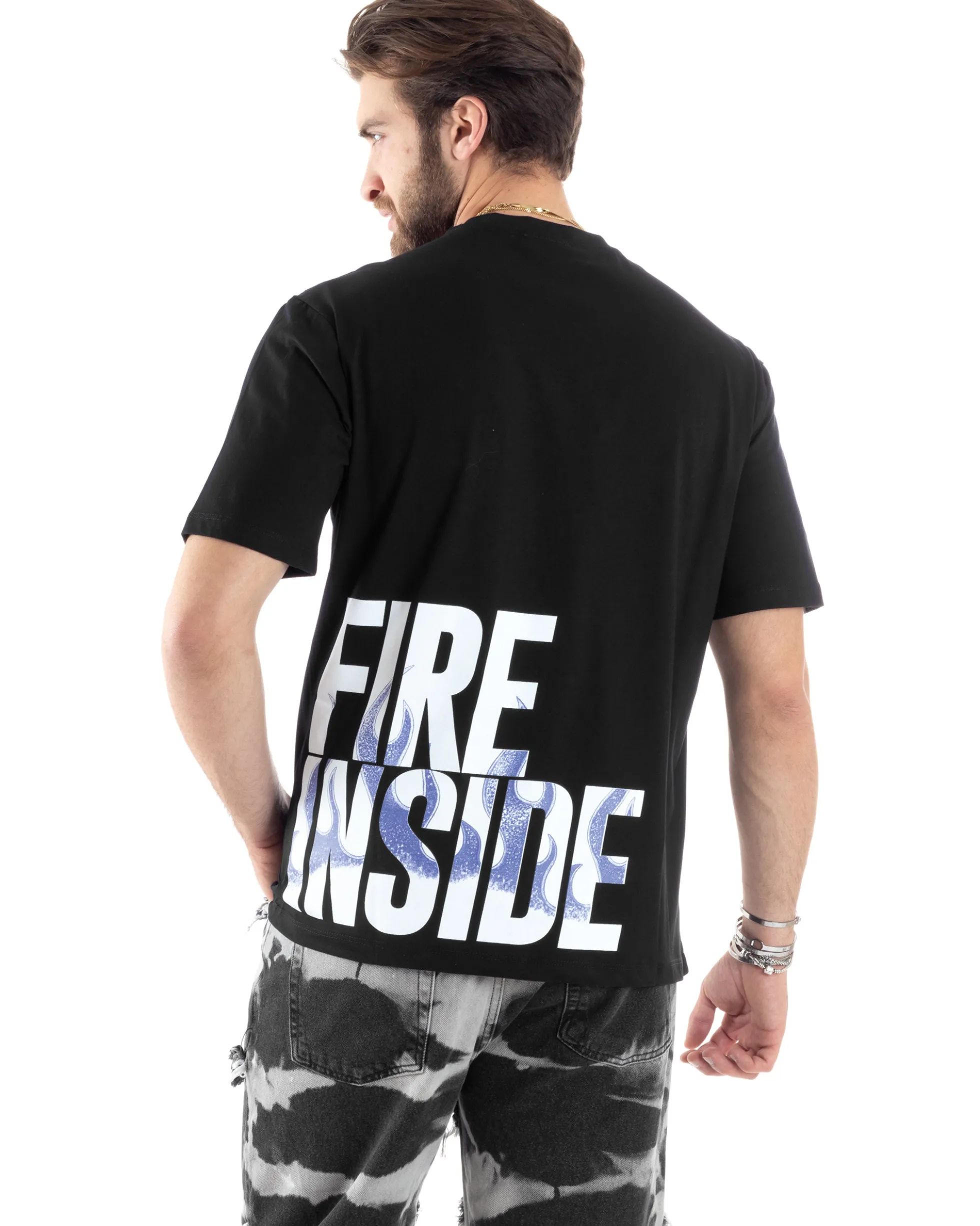T-Shirt Uomo Con Stampa Maglia Maniche Corte Girocollo Cotone Nero GIOSAL-TS3032A