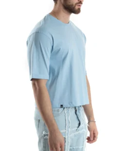 T-shirt Uomo Cropped Corta Boxy Fit Tinta Unita Celeste TS3006A