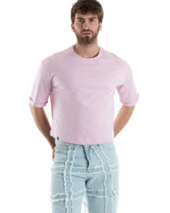 T-shirt Uomo Cropped Corta Boxy Fit Tinta Unita Rosa TS3003A