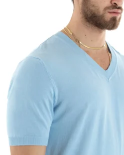 T-shirt Uomo Filo Maglia Scollo a V Celeste TS2865A