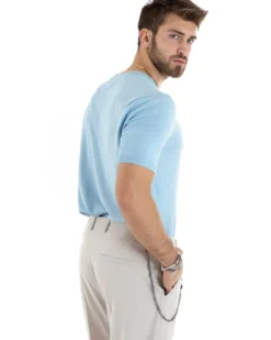 T-shirt Uomo Filo Maglia Scollo a V Celeste TS2865A