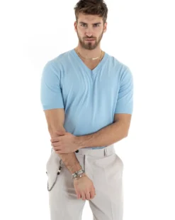 T-shirt Uomo Filo Maglia Scollo a V Celeste TS2865A