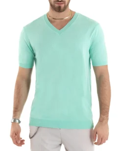 T-shirt Uomo Filo Maglia Scollo a V Verde Acqua TS2866A