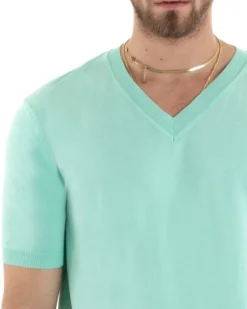 T-shirt Uomo Filo Maglia Scollo a V Verde Acqua TS2866A