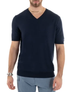 T-shirt Uomo Filo Maglia Scollo a V Blu TS2867A