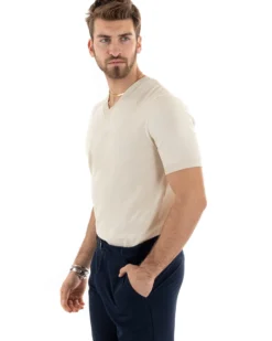 T-shirt Uomo Filo Maglia Scollo a V Beige TS2871A