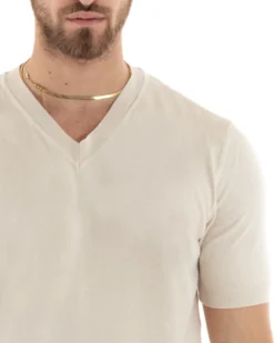 T-shirt Uomo Filo Maglia Scollo a V Beige TS2871A