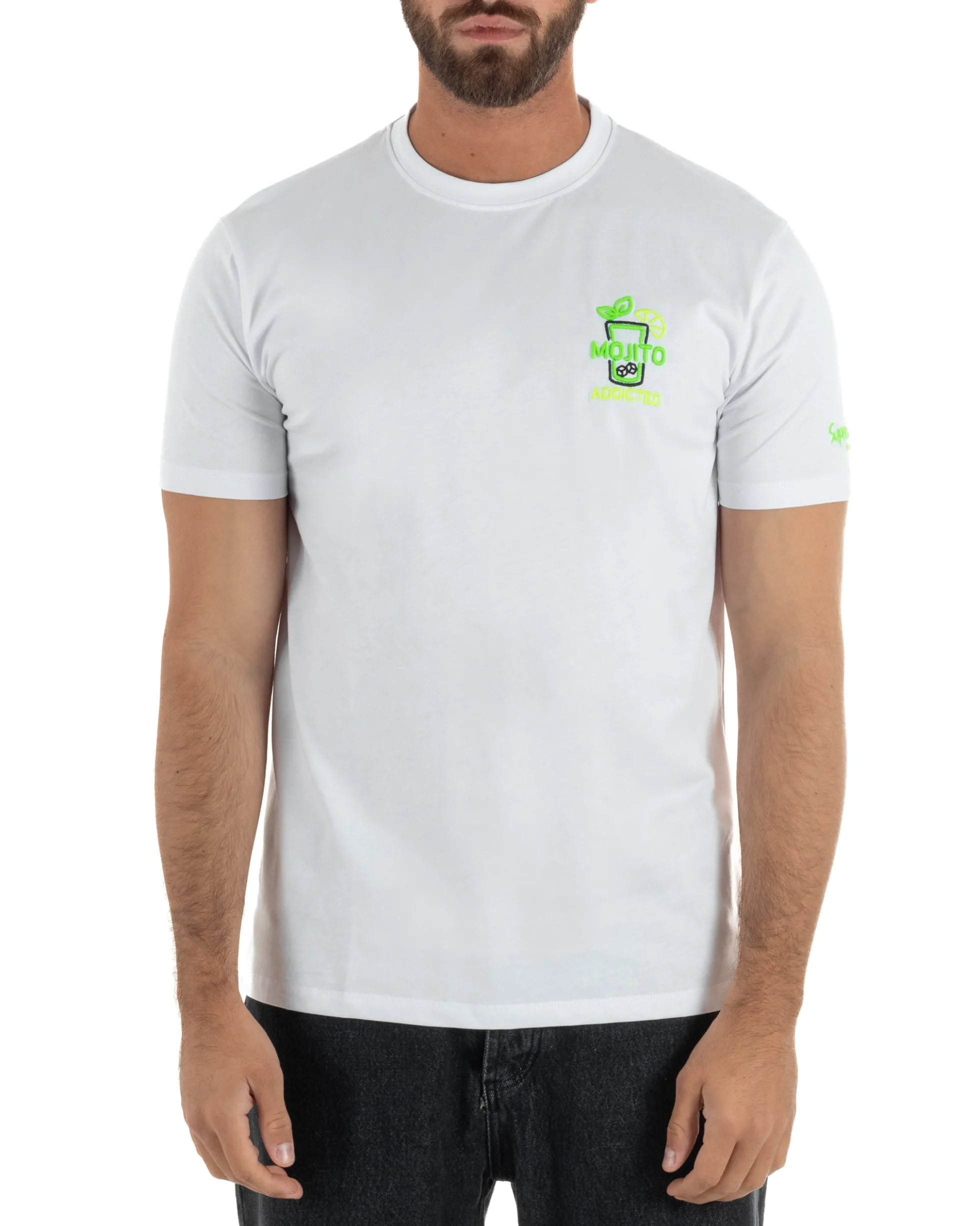 T-shirt uomo girocollo basic con ricamo Mojito Addicted leggera bianco SUPERCULTURE-A1843