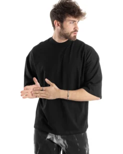 T-shirt Uomo Girocollo Boxy Fit Oversize Cotone Spalla Scesa Gola Alta Casual Basic Nero GIOSAL-TS3023A