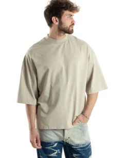 T-shirt Uomo Girocollo Boxy Fit Oversize Cotone Spalla Scesa Gola Alta Casual Basic Beige GIOSAL-TS3022A
