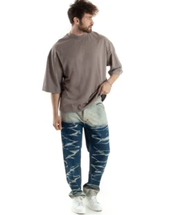 T-shirt Uomo Girocollo Boxy Fit Oversize Cotone Spalla Scesa Gola Alta Casual Basic Fango GIOSAL-TS3025A