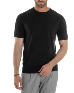 T-Shirt Uomo Girocollo Filo Maglia Sottogiacca Casual Nero TS3153A