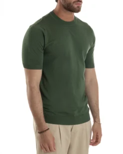 T-Shirt Uomo Girocollo Filo Maglia Sottogiacca Casual Verde Militare TS3159A