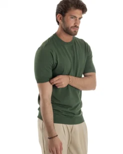 T-Shirt Uomo Girocollo Filo Maglia Sottogiacca Casual Verde Militare TS3159A
