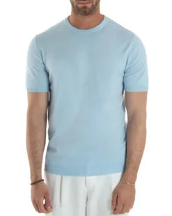 T-Shirt Uomo Girocollo Filo Maglia Sottogiacca Casual Celeste TS3151A