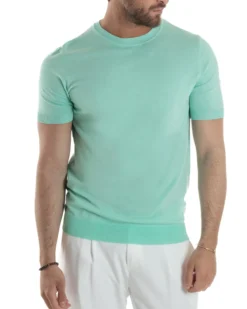 T-Shirt Uomo Girocollo Filo Maglia Sottogiacca Casual Verde Acqua TS3152A