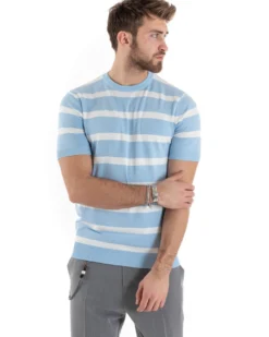 T-shirt Uomo Girocollo Filo Rigata Maniche Corte Bicolore Casual Celeste GIOSAL-TS2862A