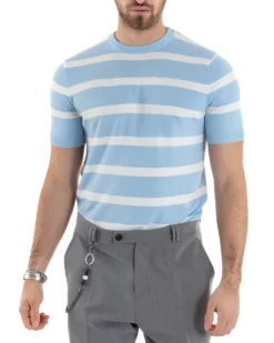 T-shirt Uomo Girocollo Filo Rigata Maniche Corte Bicolore Casual Celeste GIOSAL-TS2862A