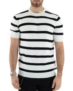 T-shirt Uomo Girocollo Filo Rigata Maniche Corte Bicolore Casual Bianco GIOSAL-TS2860A