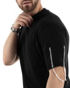 T-Shirt Uomo Girocollo Maglia In Filo Tinta Unita Nero GIOSAL-TS2991A