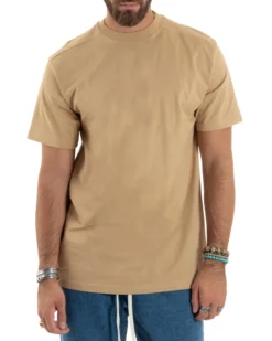 T-shirt Uomo Girocollo Mezze Maniche Cotone Premium Maglia Basic Casual Tinta Unita Beige GIOSAL-TS3083A