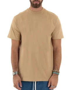 T-shirt Uomo Girocollo Mezze Maniche Cotone Premium Maglia Basic Casual Tinta Unita Beige GIOSAL-TS3083A