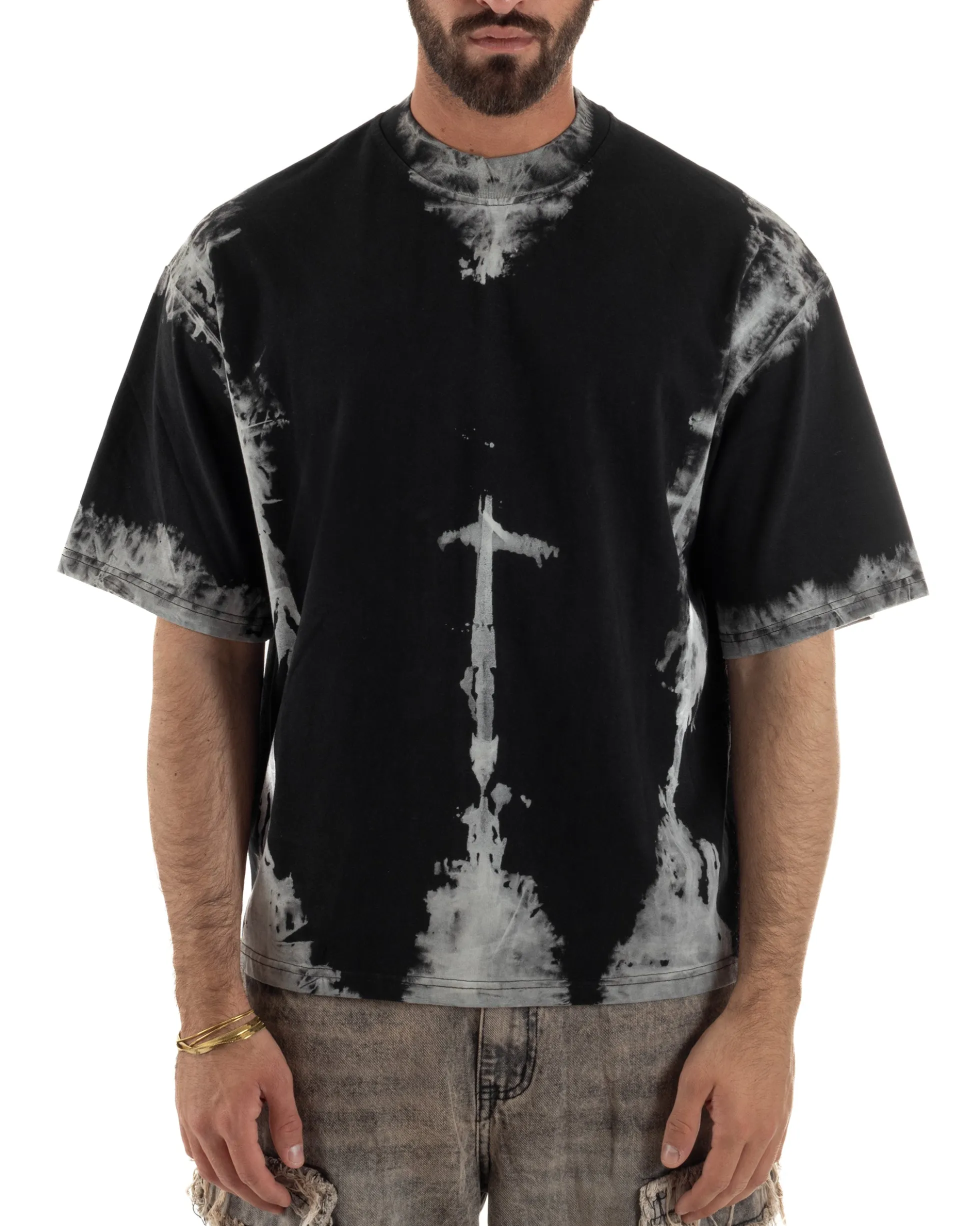 T-shirt uomo girocollo oversize fantasia tie-dye nero GIOSAL-TS3261A