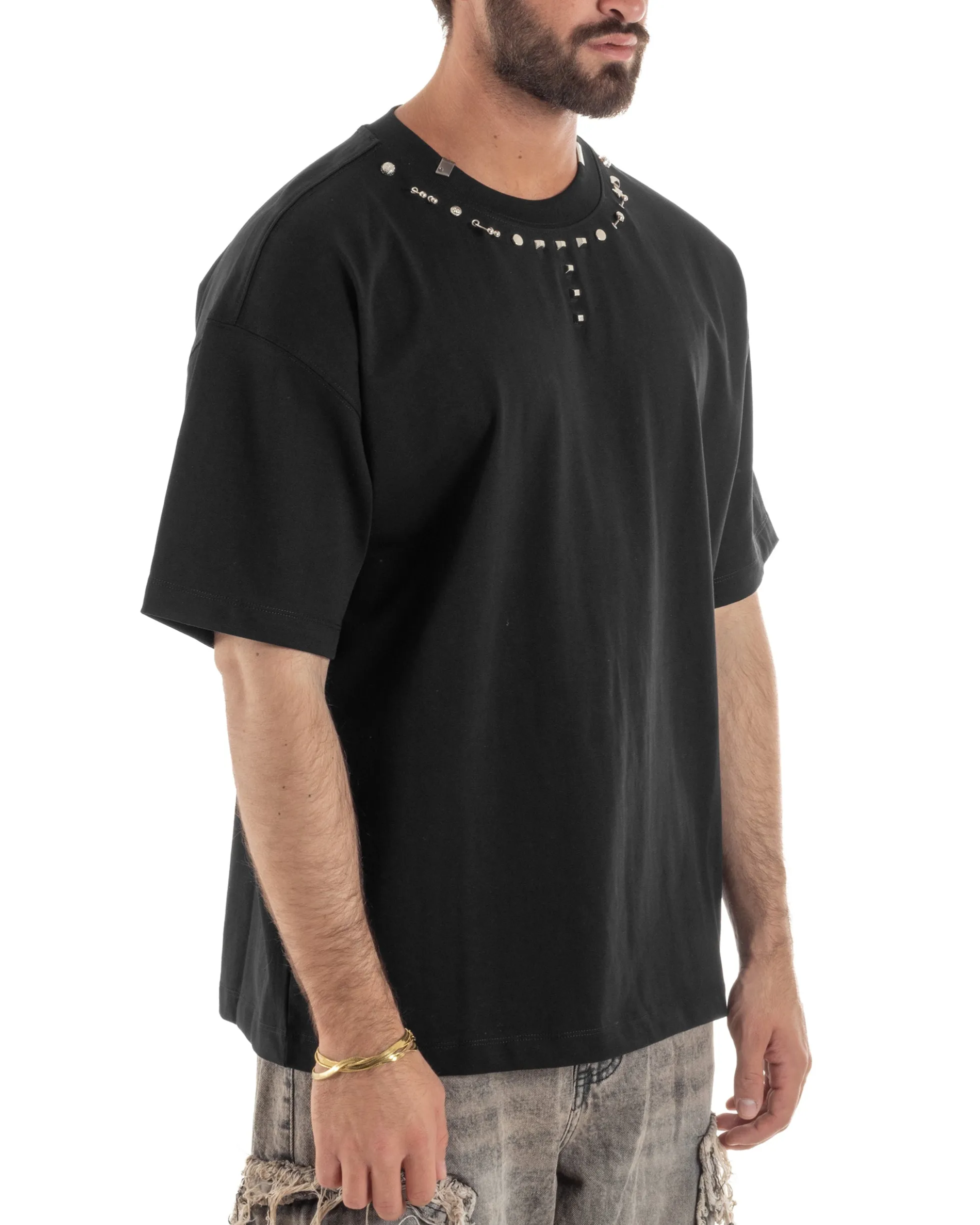 T-shirt uomo girocollo oversize borchie basic nero GIOSAL-TS3260A