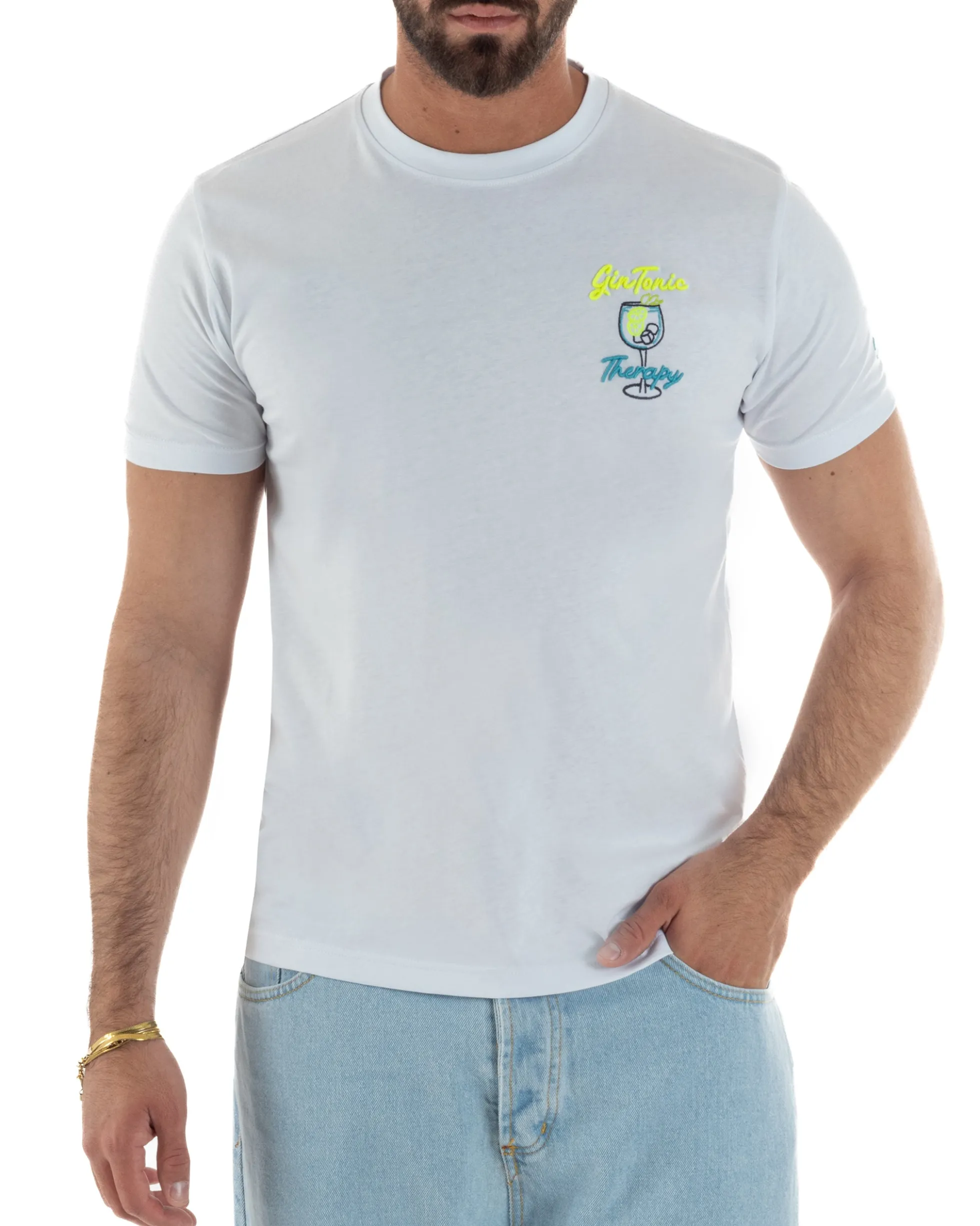 T-shirt uomo girocollo ricamo stampa gin tonic basic bianco SUPERCULTURE-A1839