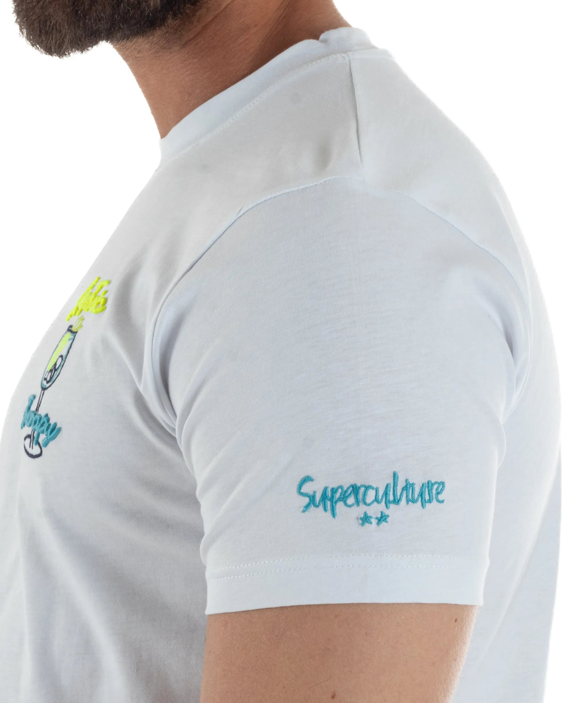 T-shirt uomo girocollo ricamo stampa gin tonic basic bianco SUPERCULTURE-A1839